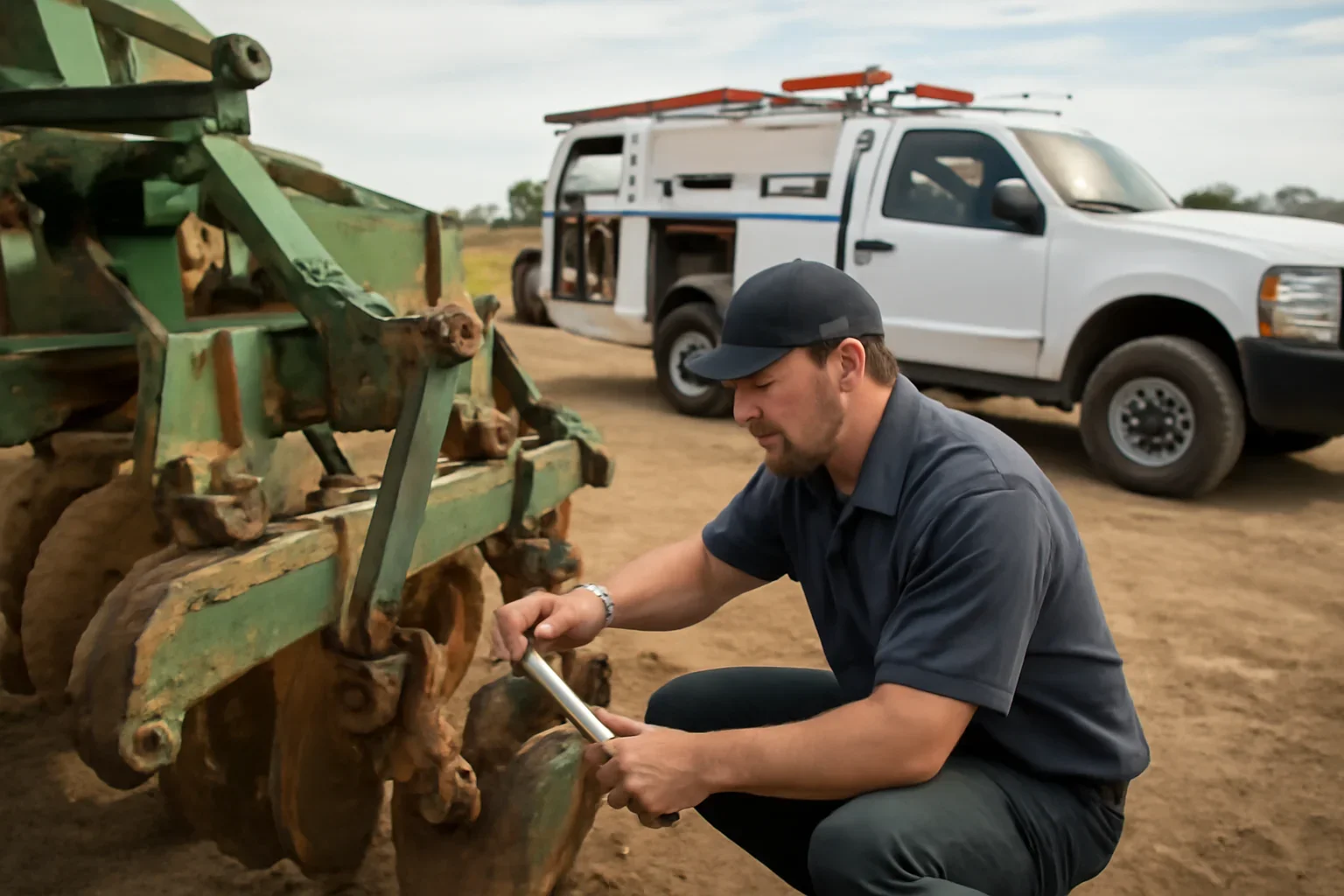 Field Repair Checklist for Broken Implements support scene showing working equipment and service support