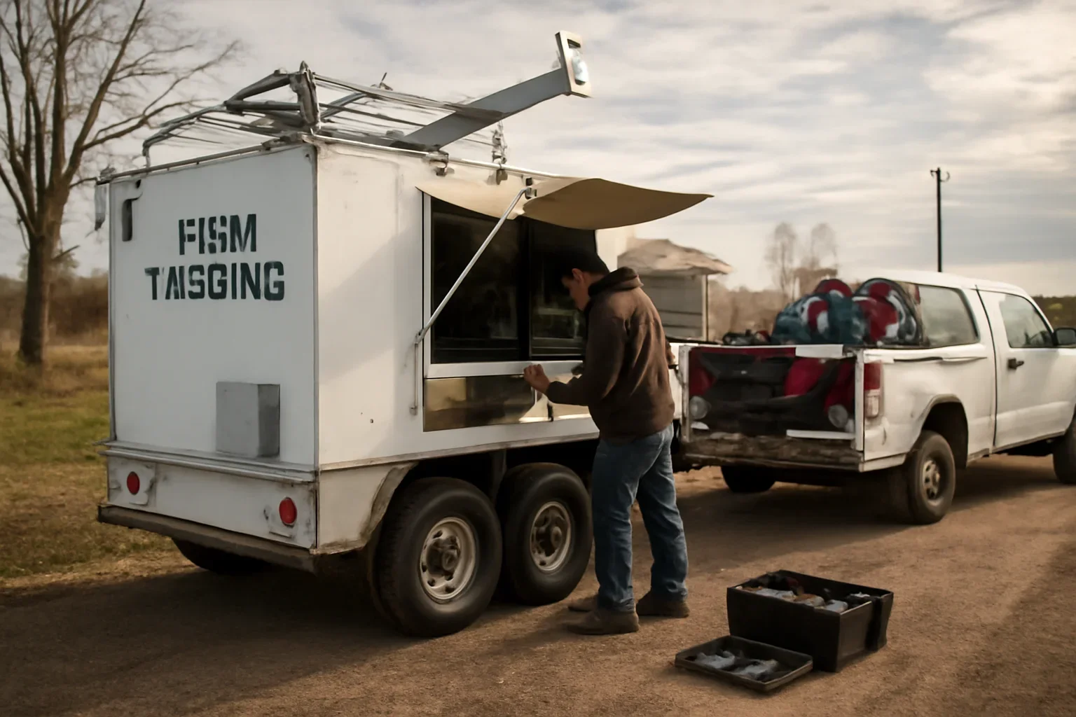 Fish Tagging Trailer Maintenance support scene showing working equipment and service support