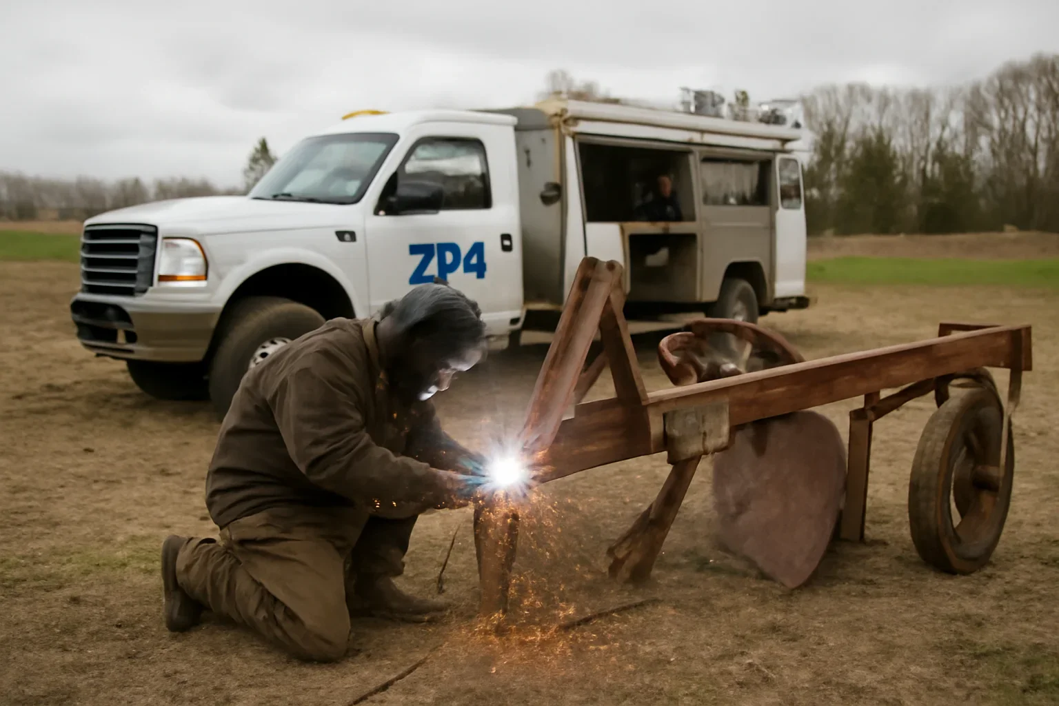 Portable Field Welding for a Broken Implement support scene showing working equipment and service support