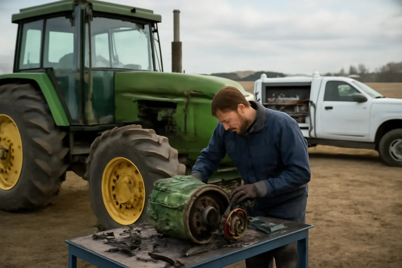 Tractor Transmission Rebuild support scene showing working equipment and service support