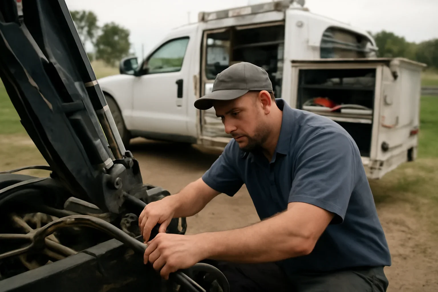 FAQ support scene showing working equipment and service support