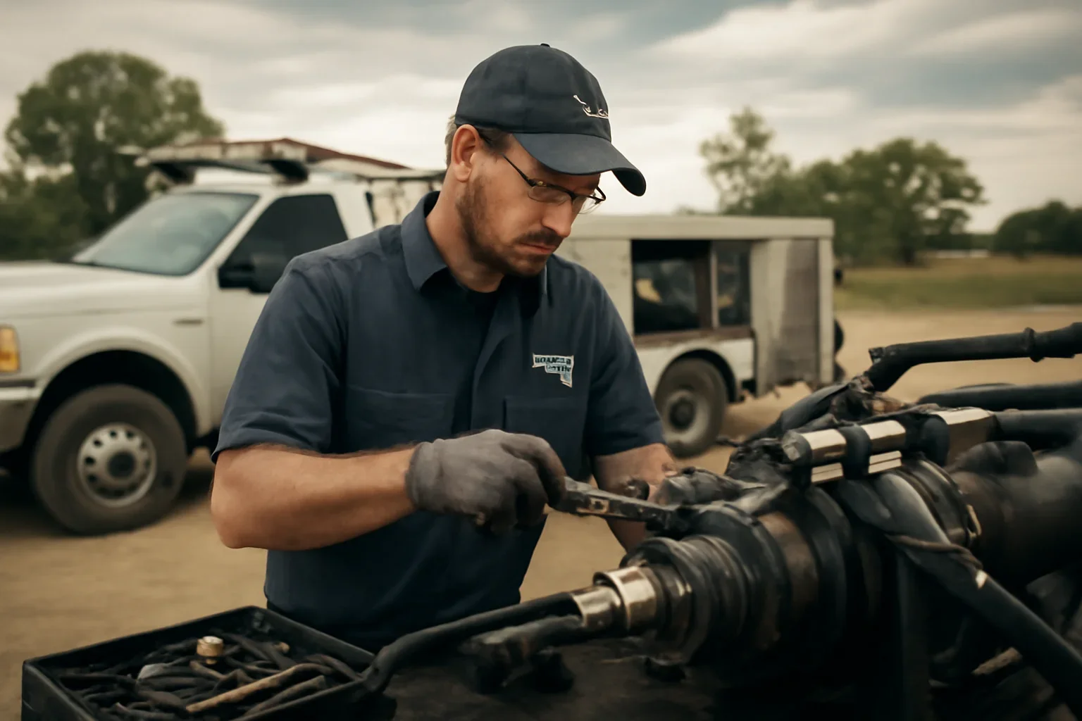 Hydraulic Repair FAQ support scene showing working equipment and service support