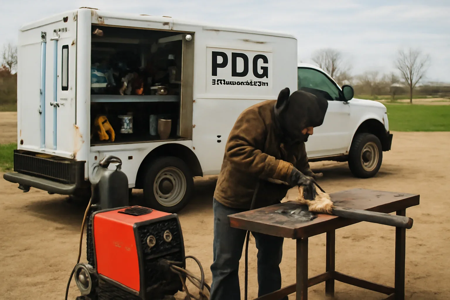 Mobile Welding FAQ support scene showing working equipment and service support