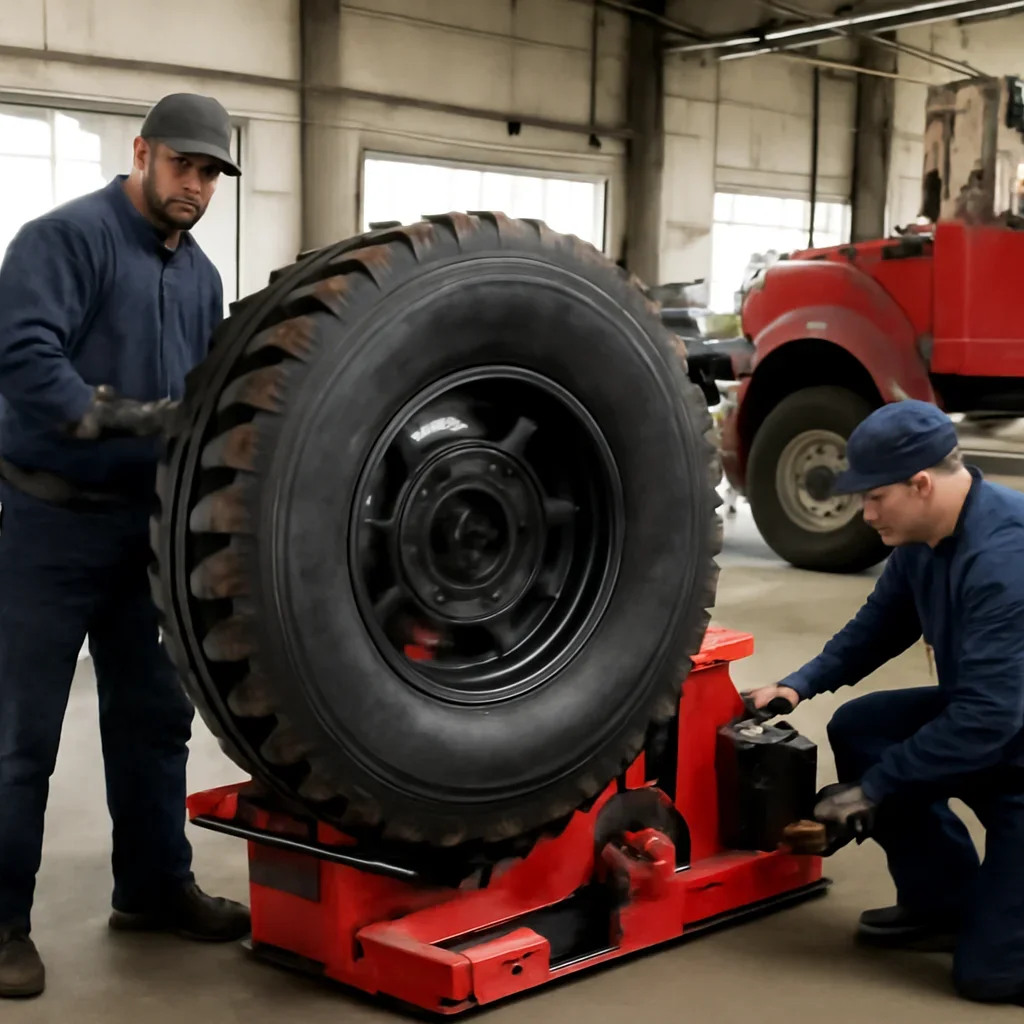 Heavy-Duty Tire Service capability shown with technicians and equipment