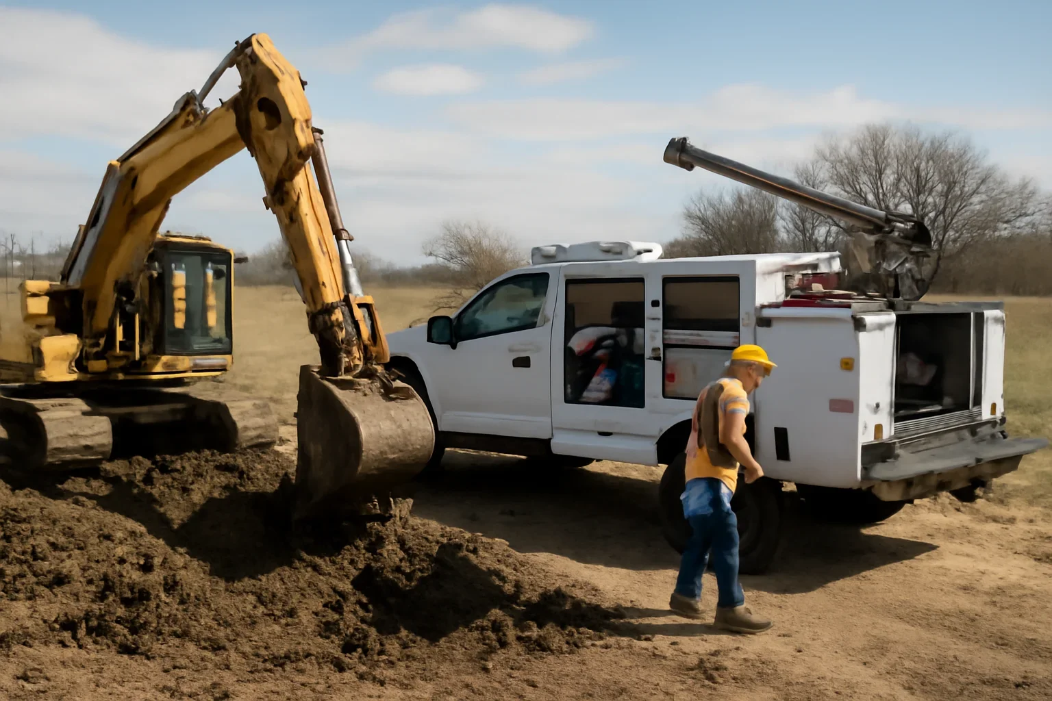 Construction & Excavation support scene showing working equipment and service support