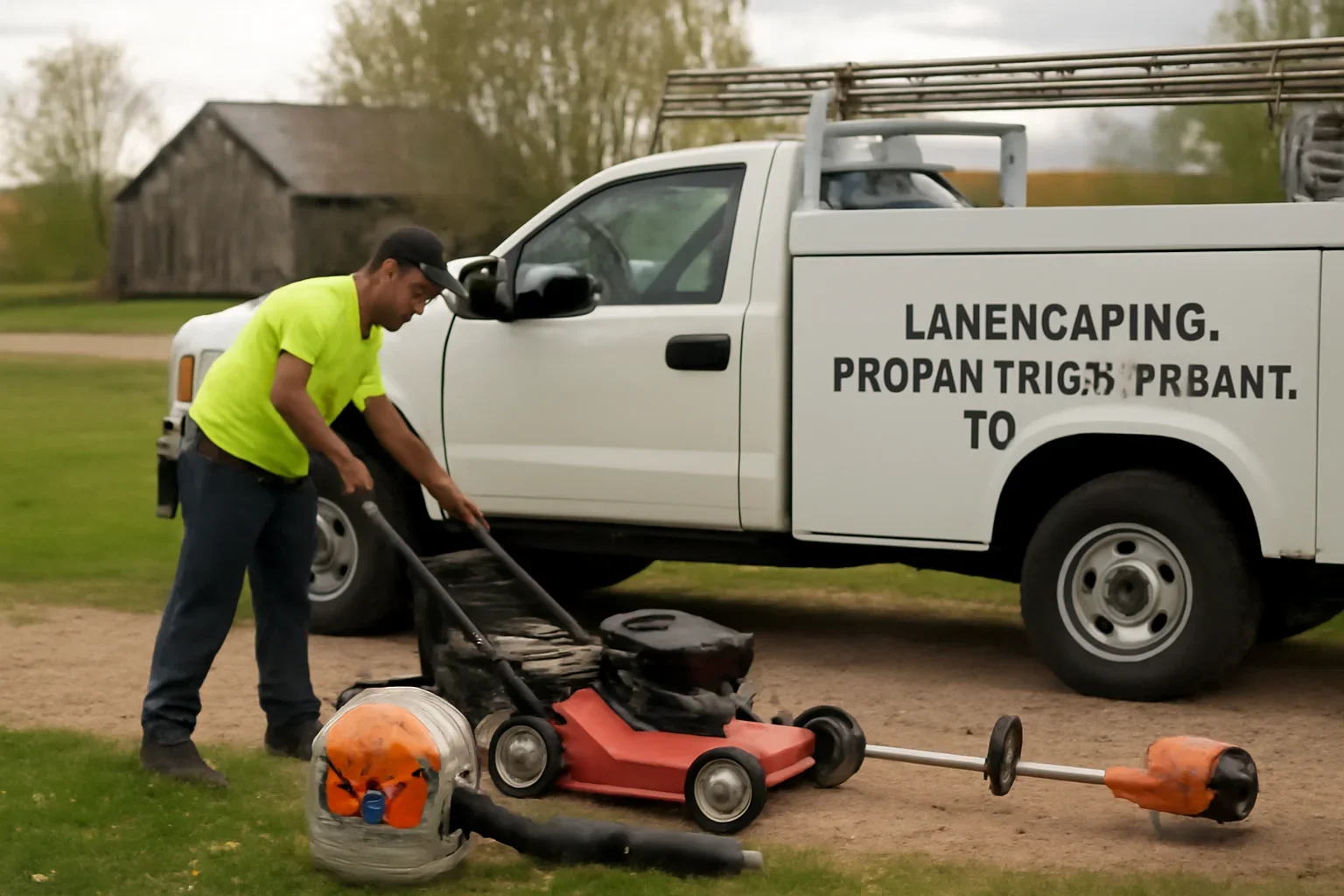 Landscaping & Property Maintenance support scene showing working equipment and service support