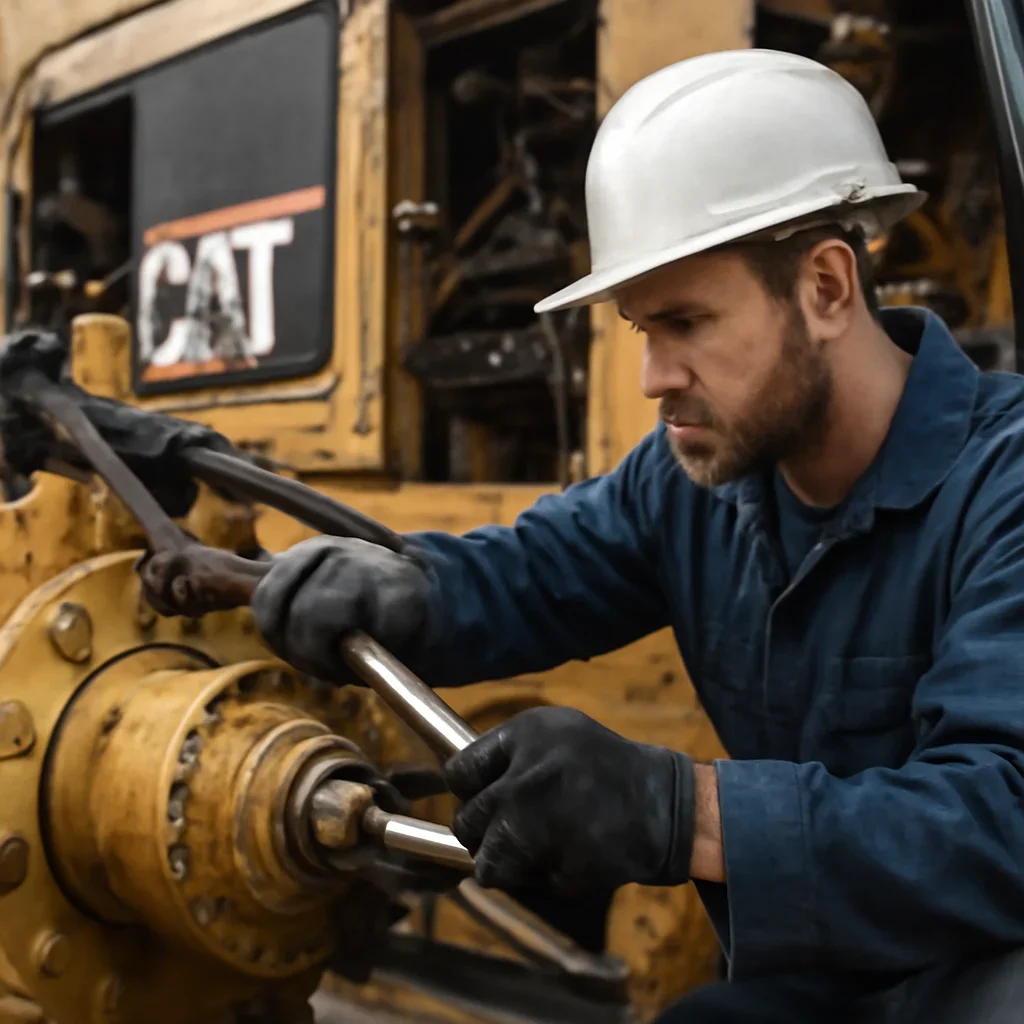 Technician servicing caterpillar equipment components