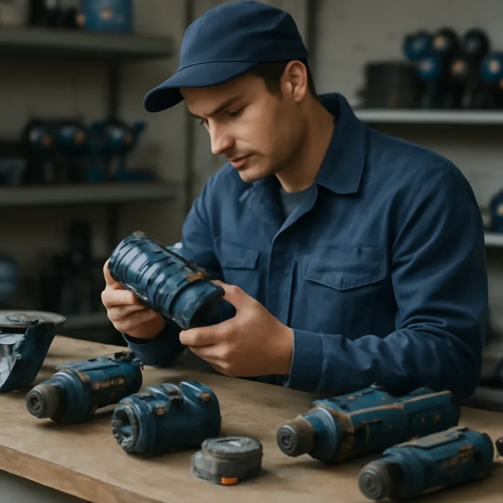 Technician reviewing brand-specific equipment components for repair planning
