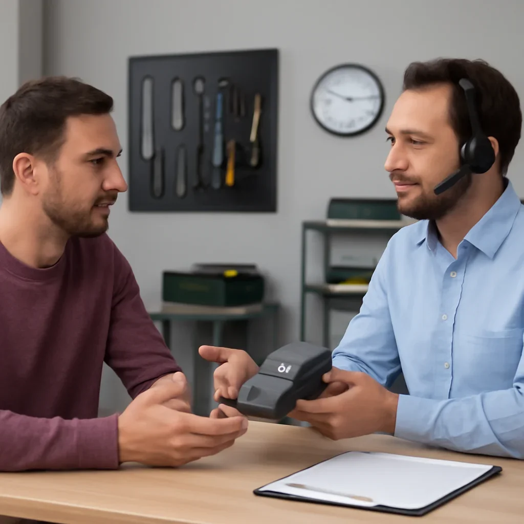 Customer service and payment discussion for equipment repair