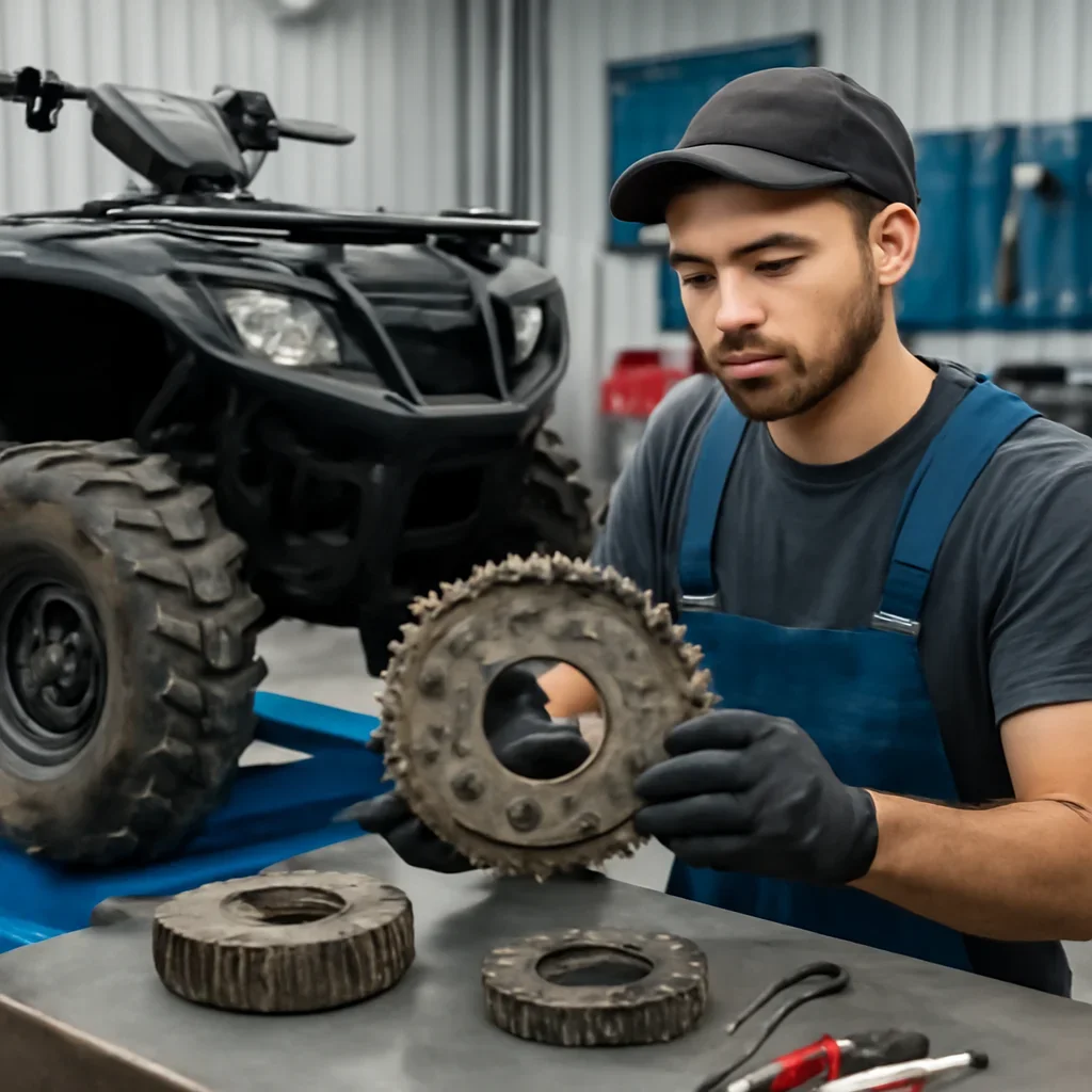 ATV & Four-Wheeler Repair work on equipment components in a shop setting