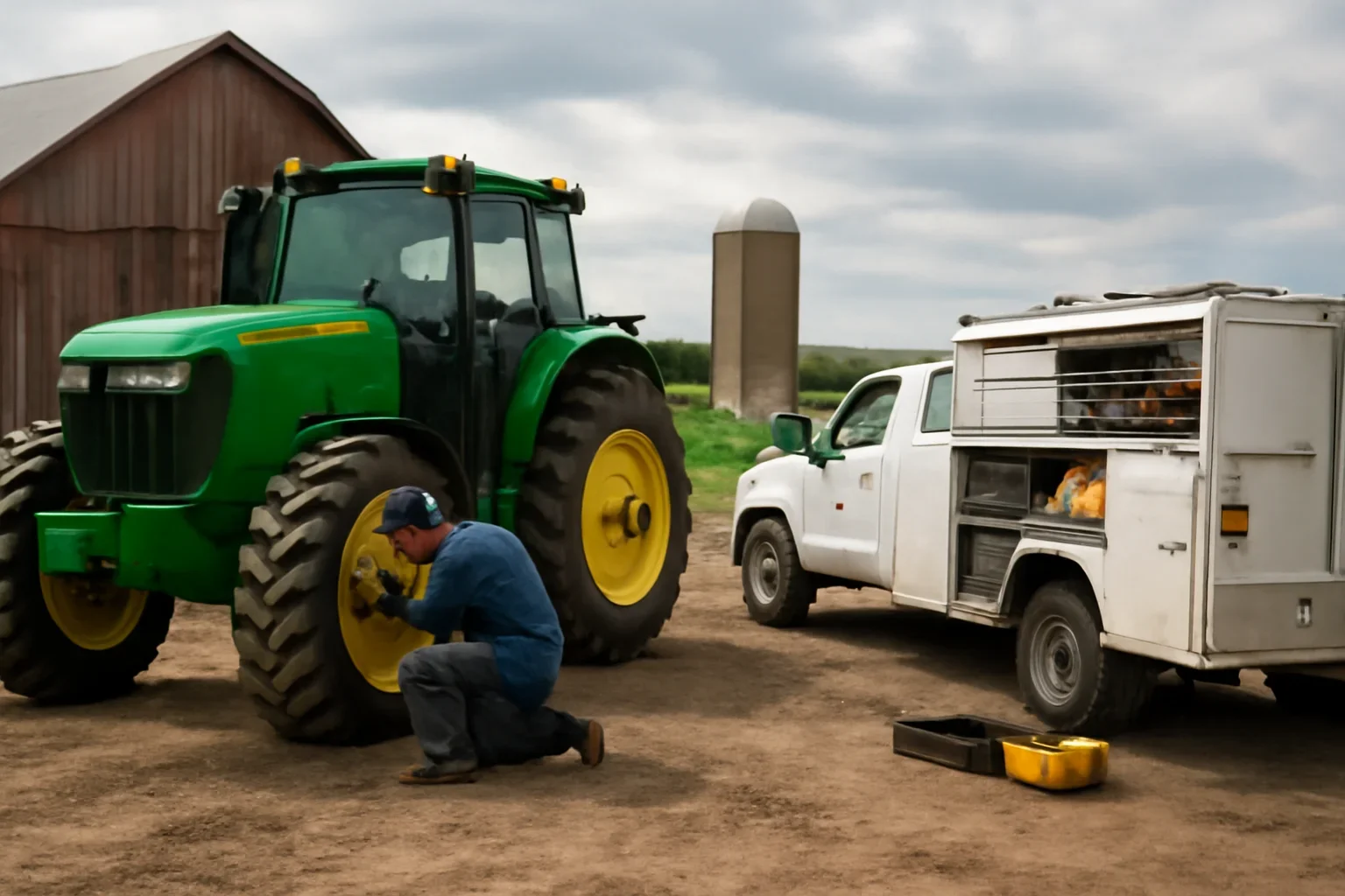 Farm Equipment Repair support scene showing working equipment and service support