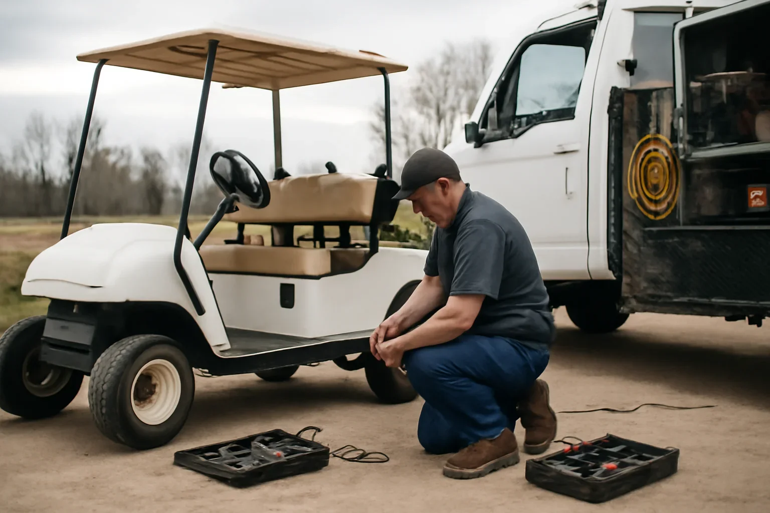 Golf Cart Repair support scene showing working equipment and service support