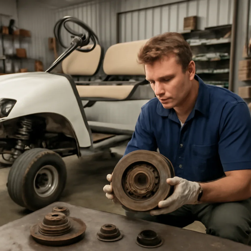 Golf Cart Repair work on equipment components in a shop setting