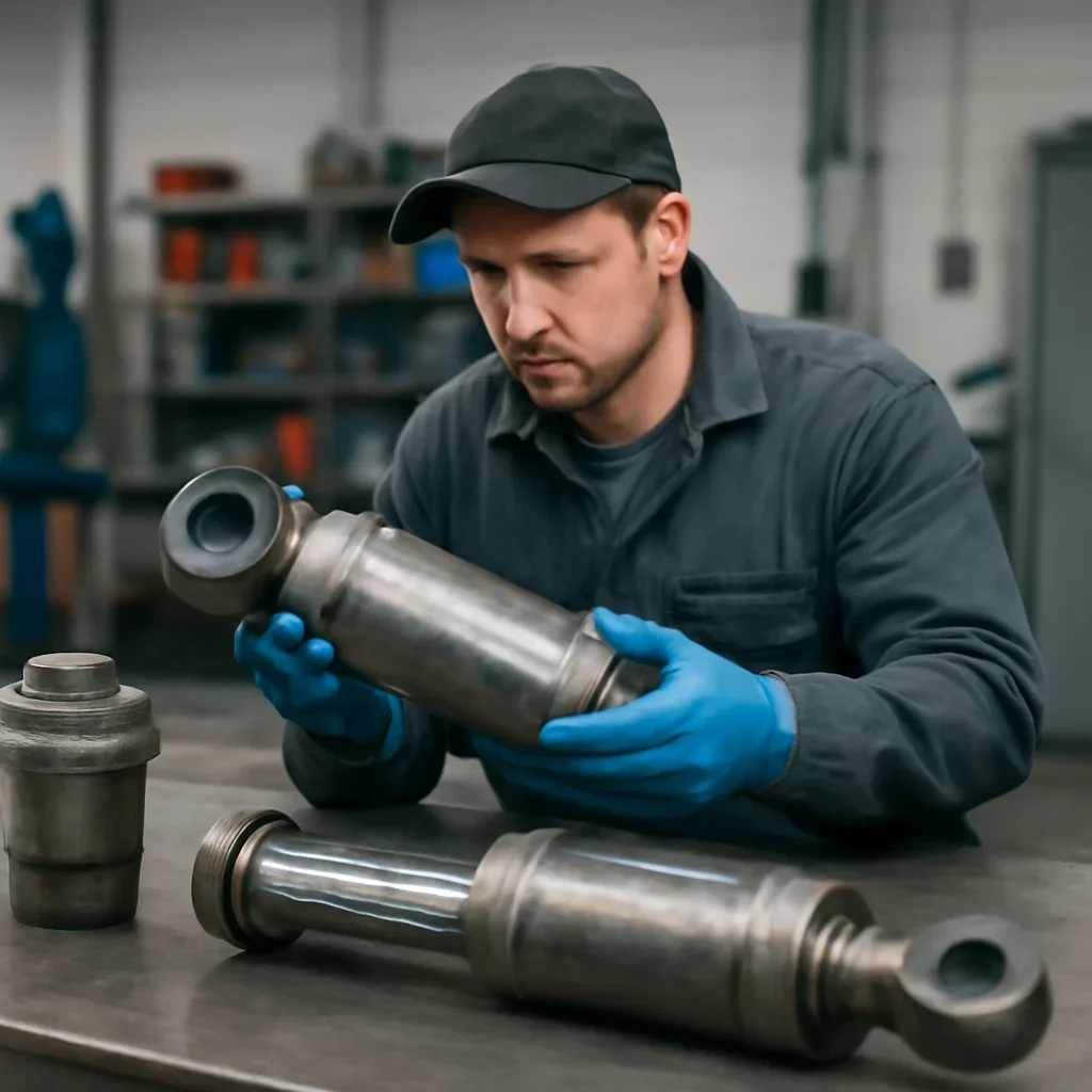 Hydraulic Cylinder Repair work on equipment components in a shop setting