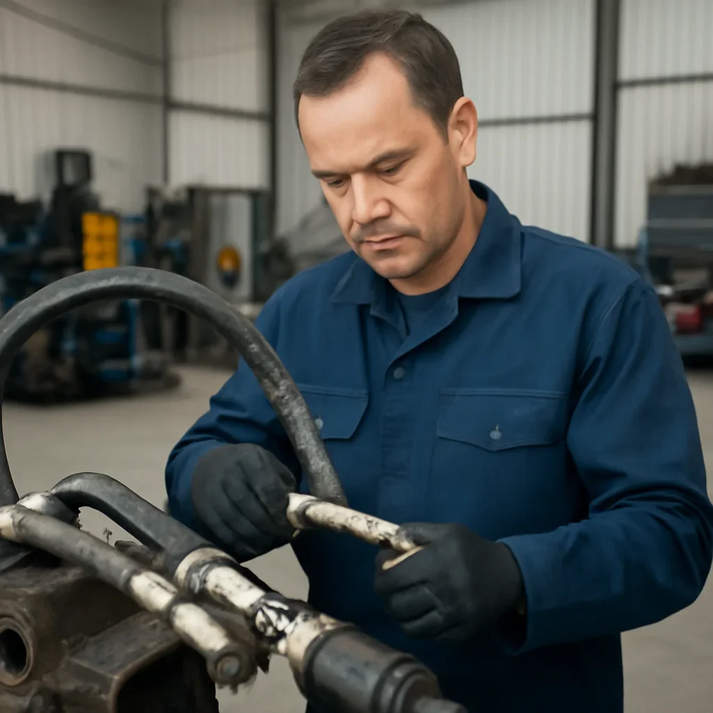 Hydraulic Hose Repair work on equipment components in a shop setting