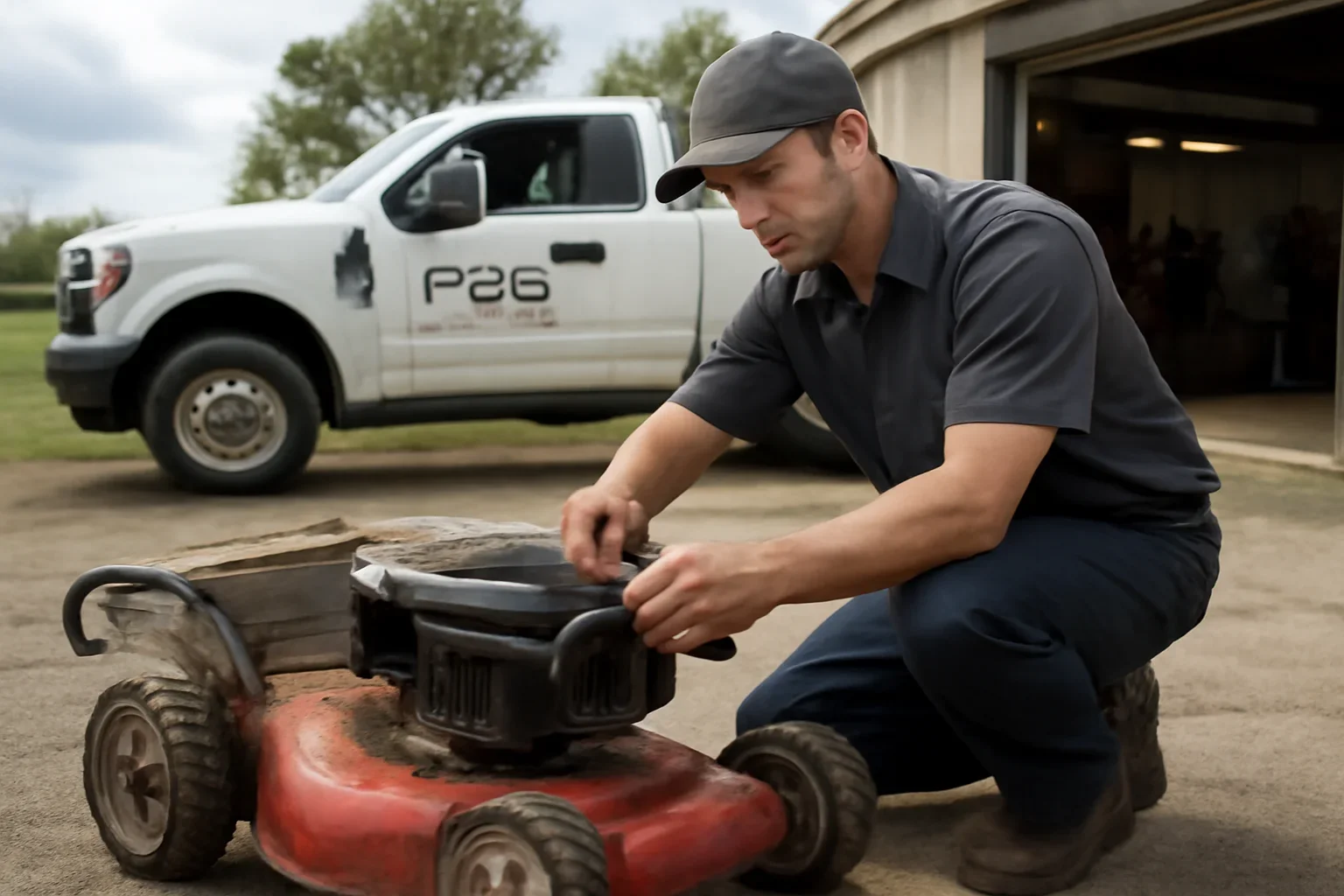 Lawn Mower Service support scene showing working equipment and service support