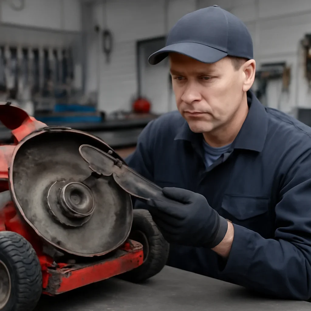 Lawn Mower Service work on equipment components in a shop setting