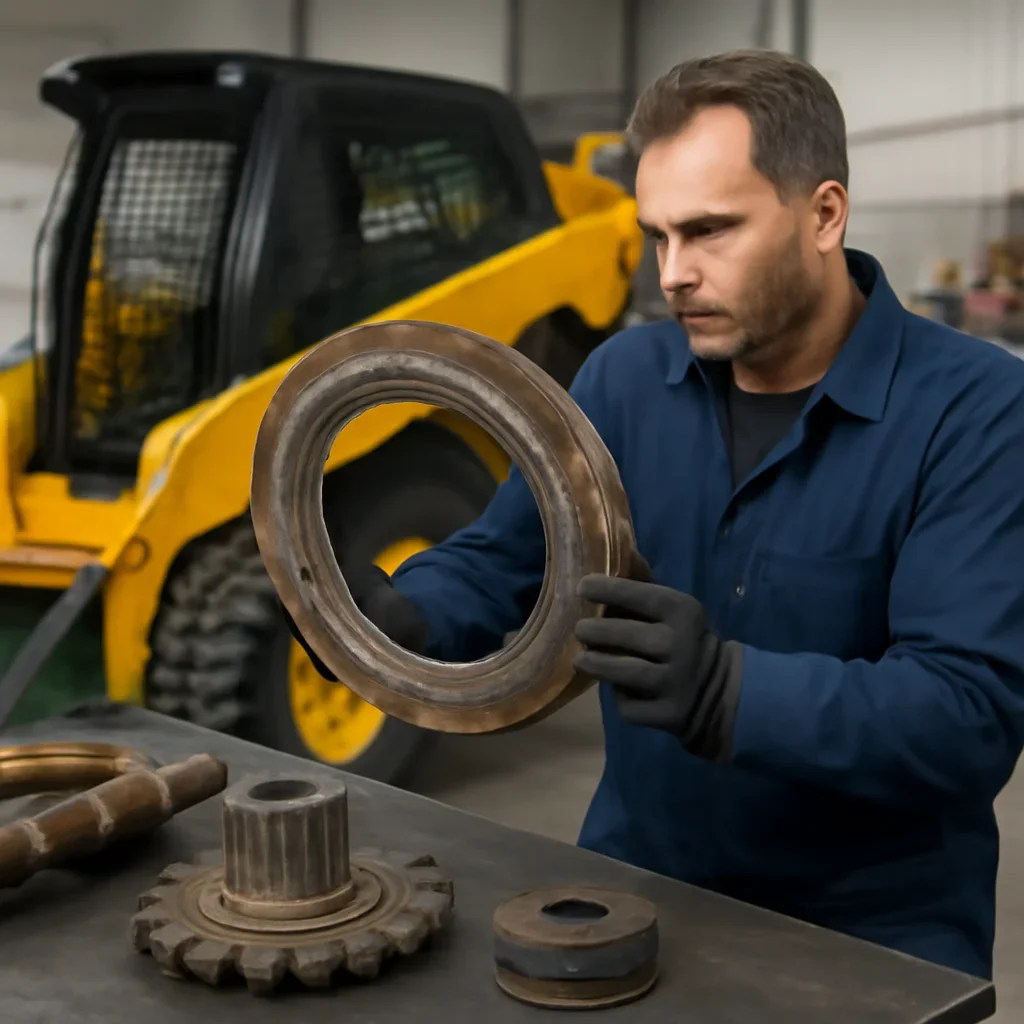 Skid Steer Repair work on equipment components in a shop setting