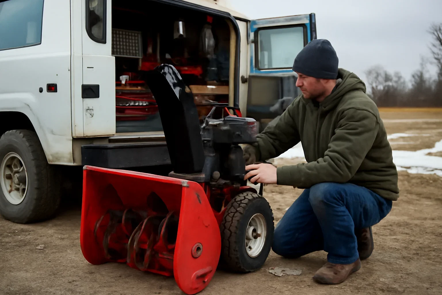 Snow Blower Service support scene showing working equipment and service support