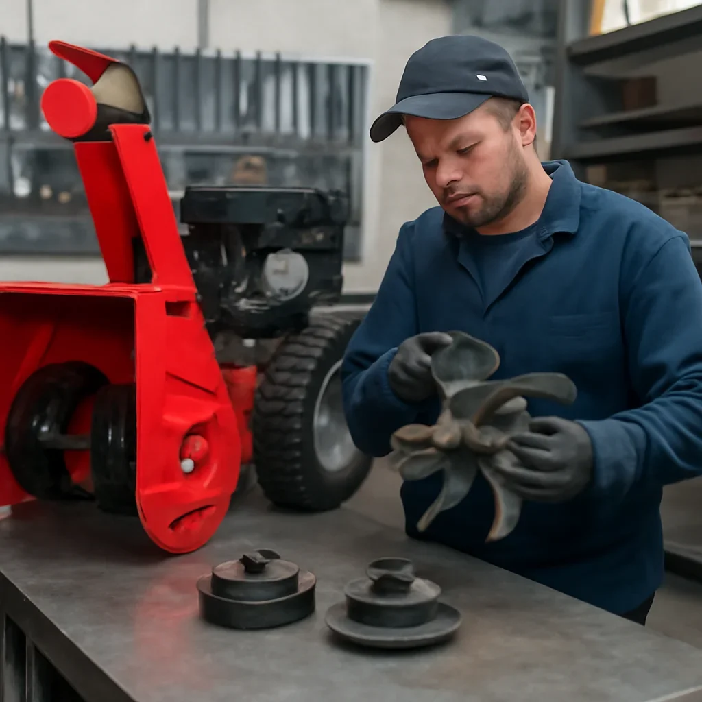 Snow Blower Service work on equipment components in a shop setting