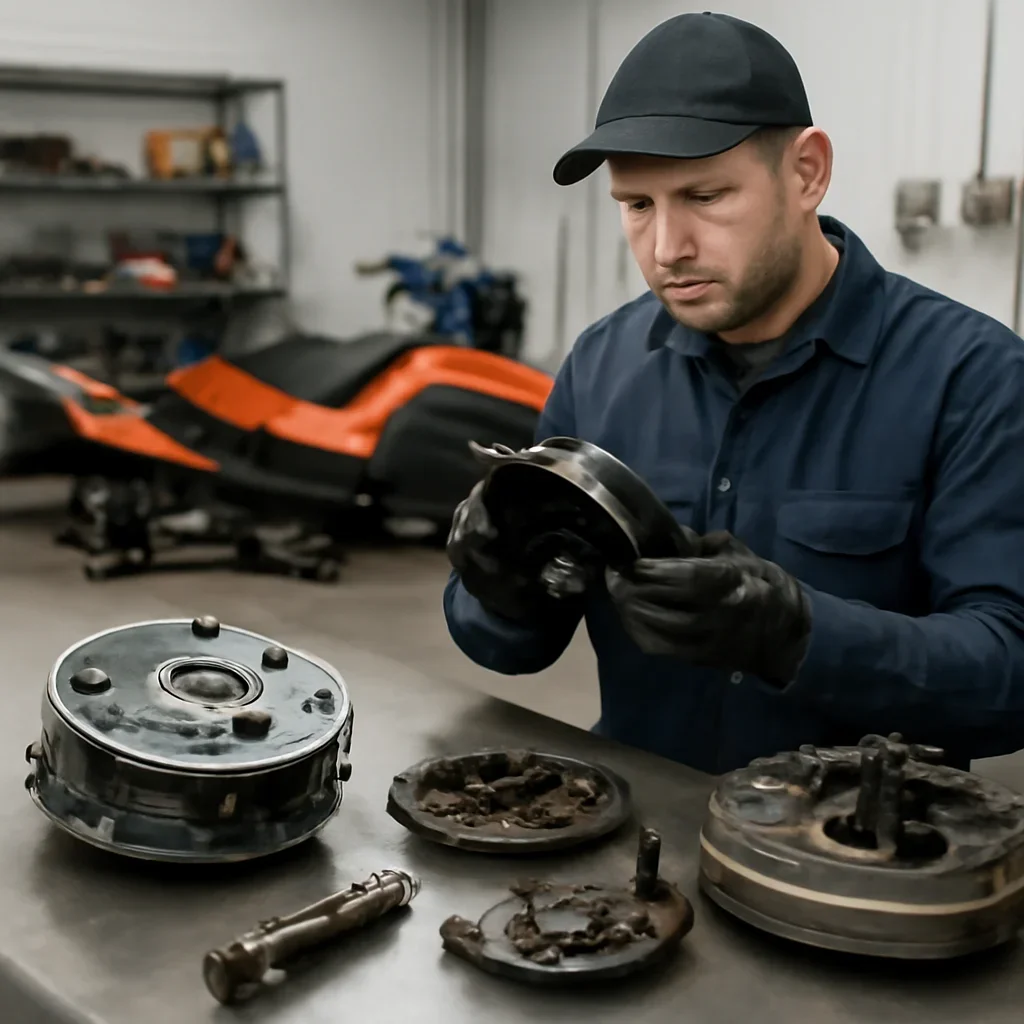 Snowmobile Service work on equipment components in a shop setting