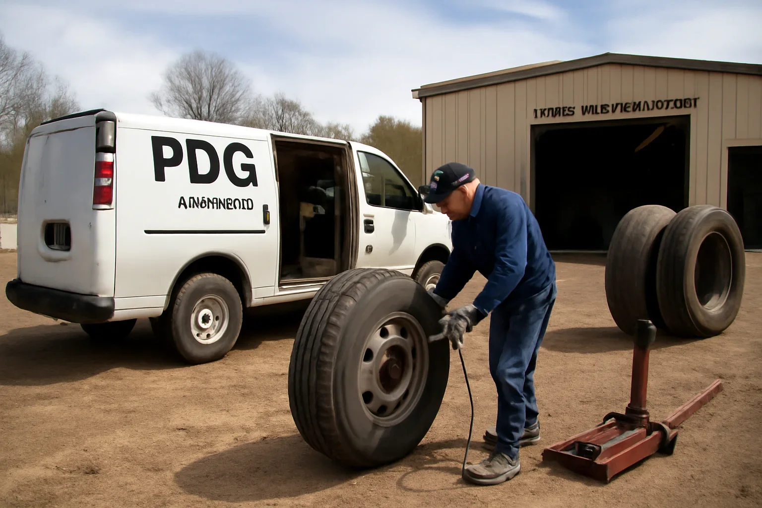 Tire Sales & Service support scene showing working equipment and service support