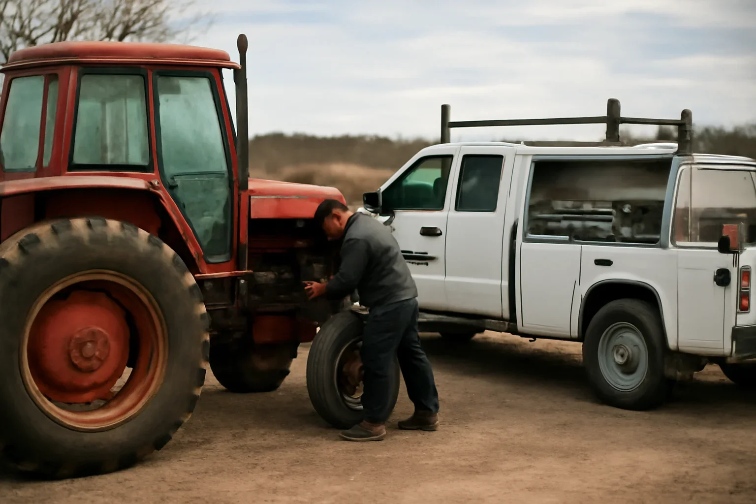 Tractor Repair support scene showing working equipment and service support