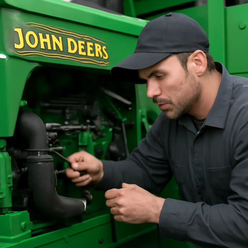 Technician inspecting branded farm or heavy equipment